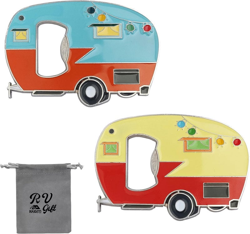 Haigoo Magnetic Bottle Opener with Cap Catcher, 2 Pack, RV Camper Bottle Opener, Zinc Alloy, Blue&Yellow - Image 1